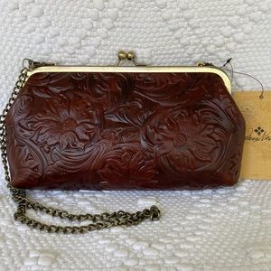 Patricia Nash Embossed Floral Leather Clutch in Burnt Brown with Brass Hardware